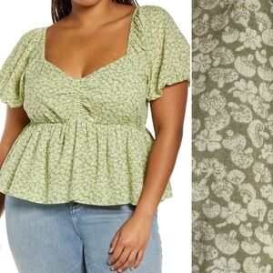 Bp Cotton Floral Babydoll Peplum Top Green Olive Emerald Lucky Mushrooms Size 3X